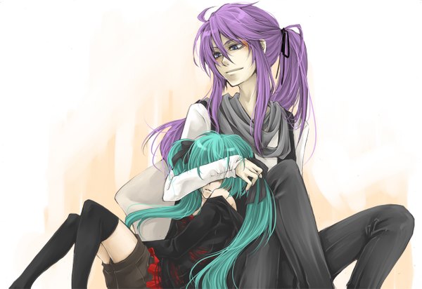 Anime picture 1250x859 with vocaloid hatsune miku kamui gakupo long hair smile white background sitting twintails purple hair ponytail aqua hair grey eyes reclining girl thighhighs boy ribbon (ribbons) black thighhighs hair ribbon scarf