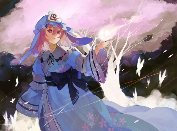 Anime picture 1132x838 with touhou saigyouji yuyuko oburaato single short hair looking away pink hair pink eyes wide sleeves cherry blossoms outstretched arm floral print girl plant (plants) tree (trees) insect butterfly bonnet triangular headpiece