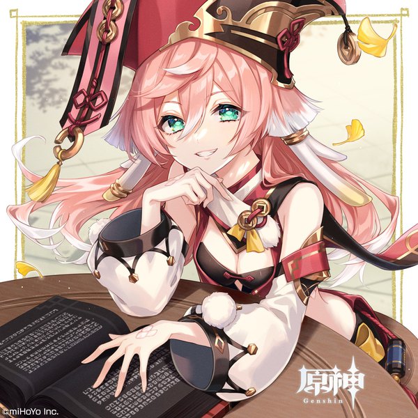 Anime picture 2500x2500 with genshin impact yanfei (genshin impact) amaichi esora single long hair looking at viewer fringe highres smile hair between eyes green eyes pink hair cleavage horn (horns) copyright name grin border girl hat detached sleeves