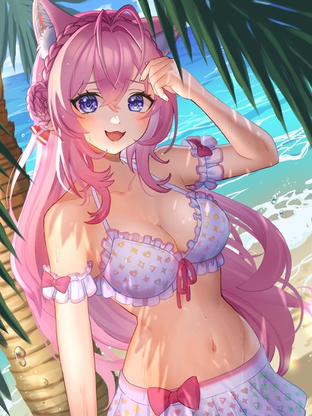 Anime picture 1800x2400 with virtual youtuber hololive hakui koyori imahuku single long hair tall image looking at viewer blush fringe highres breasts open mouth light erotic smile hair between eyes large breasts standing purple eyes animal ears
