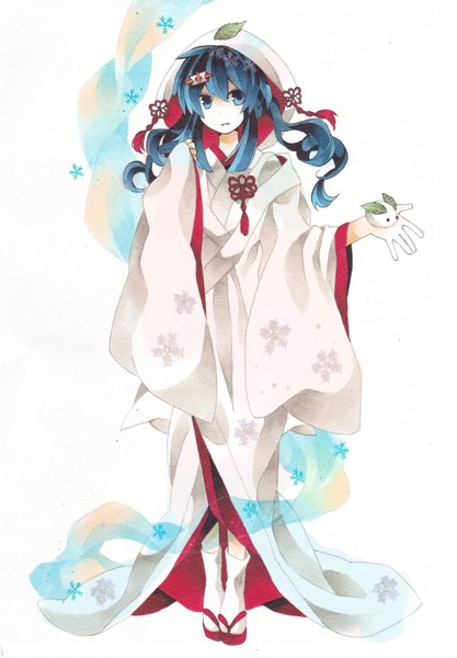 Anime picture 2112x3040 with vocaloid hatsune miku yuki miku yuki miku (2013) moputyan single long hair tall image highres blue eyes twintails blue hair japanese clothes wide sleeves snowflake print girl hair ornament socks headdress kimono