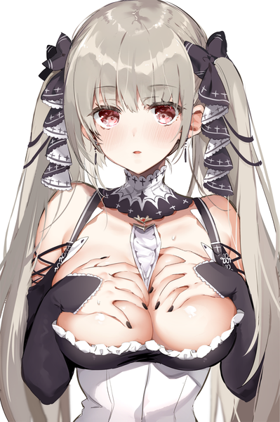 Anime picture 1248x1876 with azur lane formidable (azur lane) sino (sionori) single long hair tall image looking at viewer blush fringe breasts open mouth light erotic simple background red eyes large breasts white background twintails bare shoulders cleavage upper body