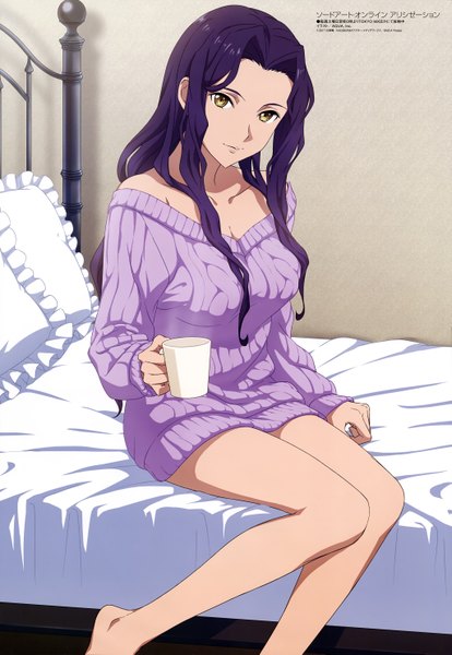 Anime picture 4089x5929 with sword art online a-1 pictures megami magazine fanatio synthesis two aqua inc. single long hair tall image looking at viewer highres sitting bare shoulders yellow eyes absurdres purple hair bent knee (knees) scan official art girl pillow