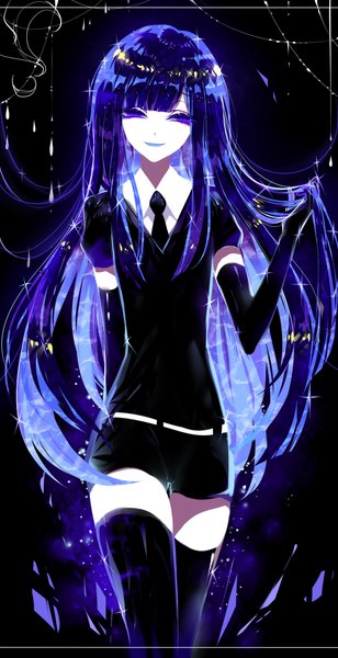 Anime picture 2000x3900 with houseki no kuni lapis lazuli (houseki no kuni) sheya single tall image looking at viewer fringe highres open mouth smile purple eyes blue hair blunt bangs multicolored hair zettai ryouiki black background colored inner hair androgynous thighhighs gloves