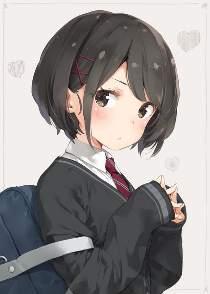 Anime picture 858x1200 with original kani biimu single tall image looking at viewer blush short hair black hair simple background brown eyes upper body grey background fingers together girl uniform hair ornament school uniform heart bobby pin x hair ornament