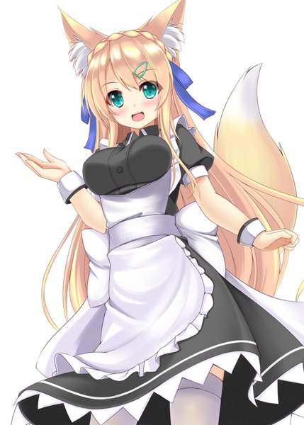 Anime picture 1286x1800 with original sogaya single long hair tall image looking at viewer blush open mouth blue eyes blonde hair white background animal ears tail animal tail fox ears fox tail fox girl girl dress ribbon (ribbons)