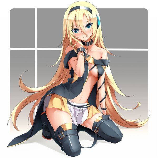 Anime picture 1200x1200 with vocaloid lily (vocaloid) eto single long hair blush blue eyes blonde hair bare shoulders light smile girl navel miniskirt headphones thigh boots chain collar