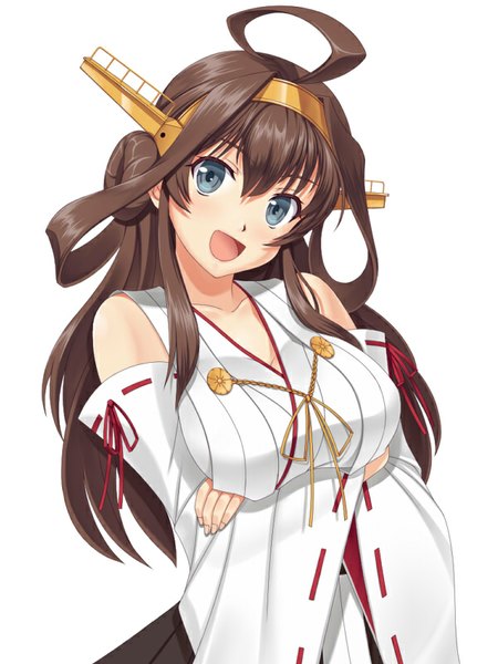 Anime picture 600x800 with kantai collection kongou battleship long hair tall image blush fringe breasts open mouth blue eyes brown hair large breasts traditional clothes japanese clothes light smile crossed arms nontraditional miko girl detached sleeves
