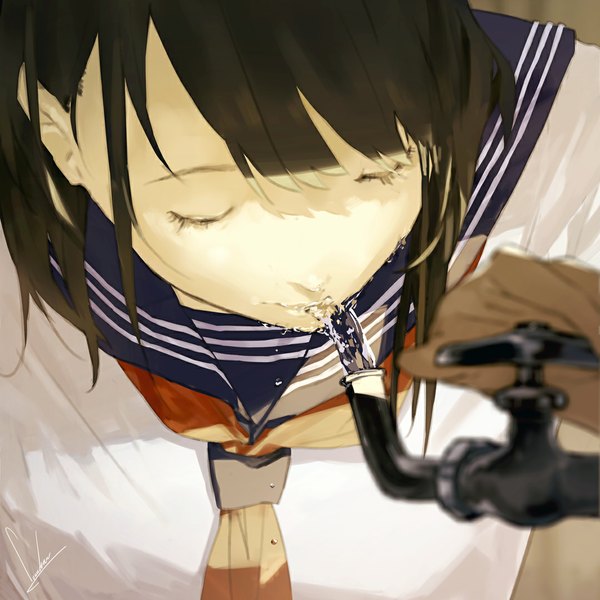 Anime picture 1080x1080 with original loundraw single fringe short hair open mouth black hair eyes closed from above sunlight shadow close-up drinking girl uniform water serafuku
