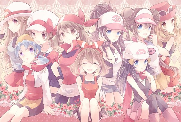 Anime picture 1184x800 with pokemon pokemon (game) pokemon black and white pokemon xy pokemon heartgold and soulsilver pokemon rse pokemon oras nintendo hilda (pokemon) rosa (pokemon) dawn (pokemon) may (pokemon) serena (pokemon) lyra (pokemon) blue (pokemon) crystal (pokemon) kabocha torute long hair looking at viewer blush