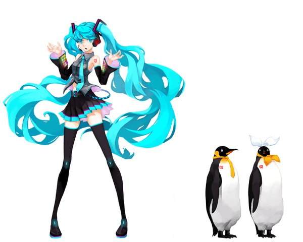 Anime picture 1280x1024 with vocaloid hatsune miku kagamine rin kagamine len migikiki open mouth simple background white background twintails very long hair aqua hair girl penguin