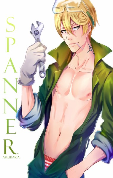 Anime picture 699x1100 with katekyou hitman reborn spanner akubaka single tall image short hair light erotic simple background blonde hair white background green eyes looking away nipples inscription open clothes tattoo hand in pocket boy navel single glove