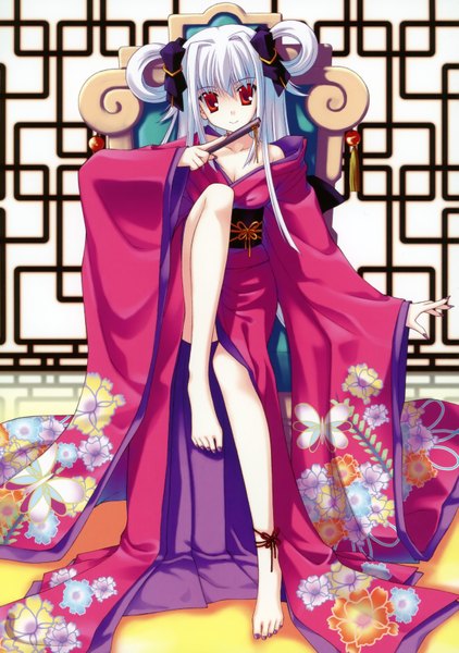 Anime picture 2438x3470 with nanao naru tall image highres red eyes white hair japanese clothes barefoot girl kimono