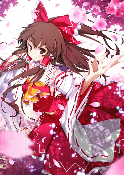 Anime picture 800x1131 with touhou hakurei reimu hong (white spider) single long hair tall image looking at viewer blush fringe smile brown hair brown eyes traditional clothes japanese clothes girl skirt bow hair bow detached sleeves petals