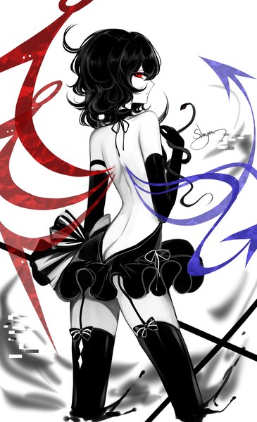 Anime-Bild 2070x3400 mit touhou houjuu nue sheya single tall image looking at viewer highres short hair light erotic black hair red eyes white background signed profile looking back from behind back bare back halterneck polychromatic