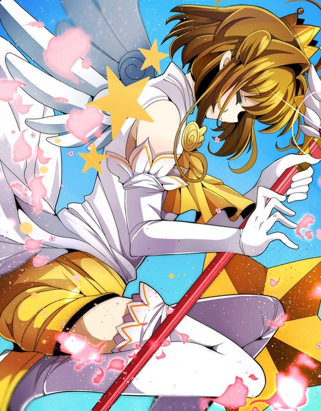 Anime picture 2033x2602 with card captor sakura clamp kinomoto sakura fumiko (miruyuana) single long hair tall image highres brown hair eyes closed sparkle magical girl girl gloves petals wings elbow gloves white gloves star (symbol) thigh boots