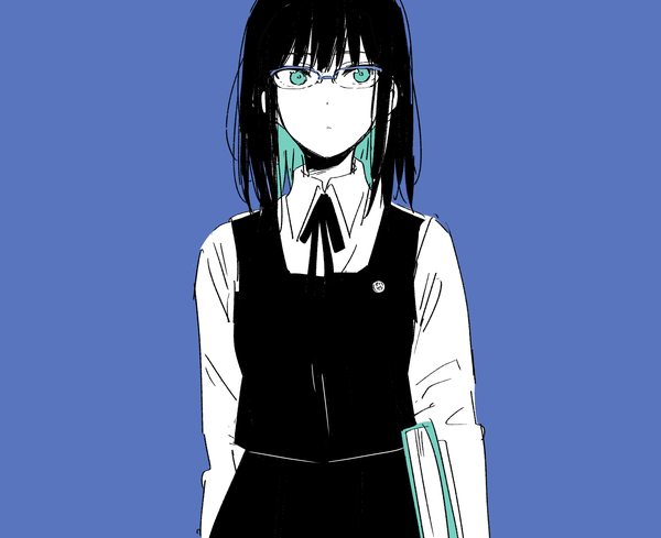 Anime picture 1772x1447 with original monsieur single looking at viewer fringe highres short hair black hair simple background holding upper body multicolored hair aqua eyes aqua hair two-tone hair blue background colored inner hair partially colored girl glasses