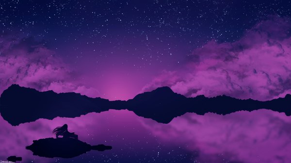 イラスト 1024x576 と オリジナル meiyue ソロ 長髪 wide image 座る cloud (clouds) 風 from behind night night sky reflection silhouette nature lake panorama 女の子 星 island