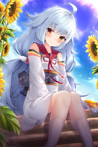 Anime picture 4000x6000 with azur lane nicholas (azur lane) ichizon single long hair tall image looking at viewer blush fringe highres hair between eyes sitting twintails bare shoulders yellow eyes payot absurdres sky silver hair cloud (clouds)