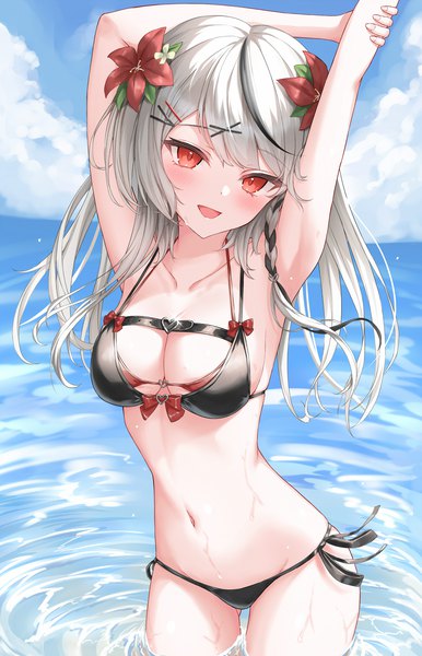 Anime picture 1446x2250 with virtual youtuber hololive sakamata chloe lis 111 single long hair tall image looking at viewer blush fringe open mouth light erotic red eyes standing sky silver hair cloud (clouds) outdoors braid (braids) :d