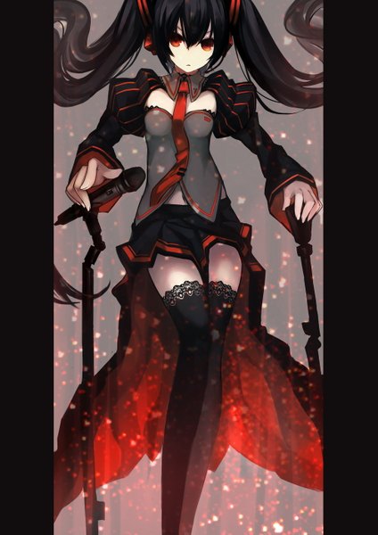 Anime picture 1000x1414 with vocaloid zatsune miku kiwamu single long hair tall image looking at viewer black hair red eyes twintails zettai ryouiki girl thighhighs skirt black thighhighs miniskirt necktie microphone stand
