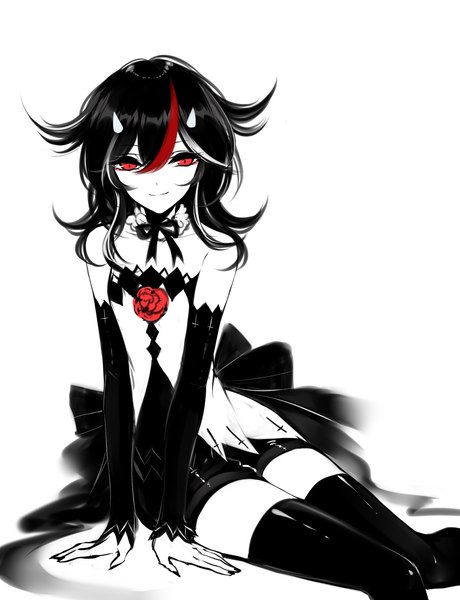 Anime picture 2300x3000 with touhou kijin seija sheya single long hair tall image looking at viewer fringe highres black hair simple background smile hair between eyes red eyes white background sitting nail polish multicolored hair horn (horns) streaked hair