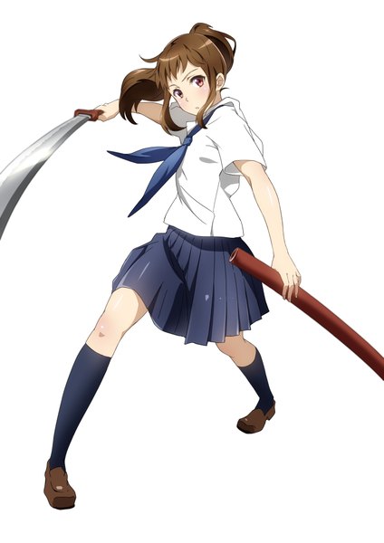 Anime picture 1447x2046 with original conone single long hair tall image looking at viewer blush simple background brown hair white background brown eyes full body ponytail pleated skirt girl skirt uniform weapon sword serafuku