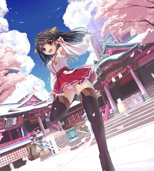 Anime picture 1000x1109 with kantai collection haruna battleship azican single long hair tall image blush open mouth light erotic black hair brown eyes traditional clothes cherry blossoms girl skirt underwear panties plant (plants) detached sleeves petals