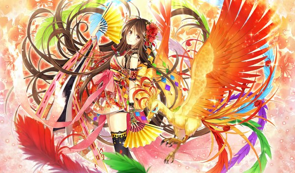 Anime picture 1000x587 with original hagiwara rin single looking at viewer brown hair wide image brown eyes very long hair hair flower girl thighhighs dress hair ornament flower (flowers) bow black thighhighs animal bird (birds) feather (feathers) fan
