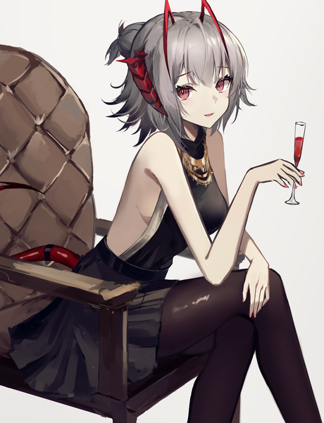 Anime picture 2301x3000 with arknights w (arknights) kokao358 single tall image looking at viewer fringe highres short hair simple background hair between eyes red eyes sitting silver hair tail horn (horns) hair bun (hair buns) sleeveless crossed legs girl