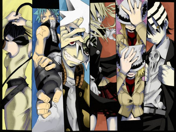 Anime picture 1600x1200 with soul eater studio bones maka albarn soul eater evans death the kid black star nakatsukasa tsubaki elizabeth thompson patricia thompson multicolored hair two-tone hair wallpaper streaked hair scan artifacts screening