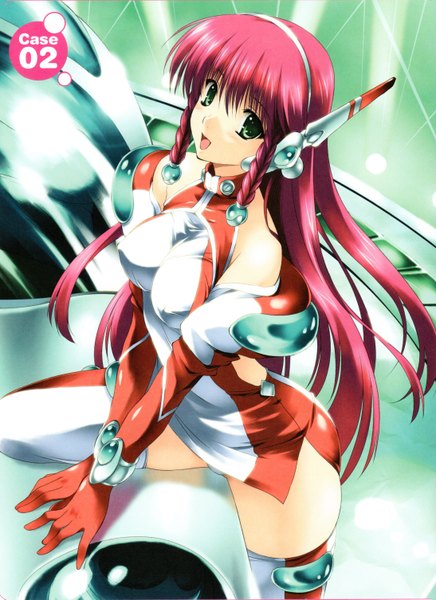 Anime picture 4376x6019 with magi-cu kikurage (plastic people) single long hair tall image looking at viewer highres open mouth light erotic smile bare shoulders green eyes pink hair absurdres braid (braids) scan zettai ryouiki twin braids girl thighhighs