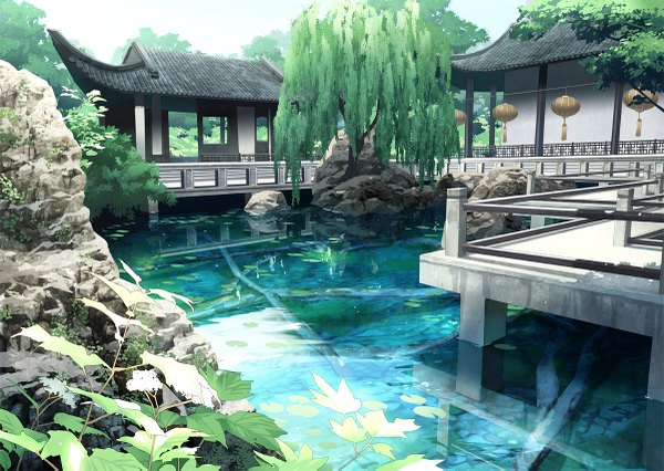 Anime picture 1200x853 with shin sangoku musou toti (pixiv) landscape river rock architecture east asian architecture plant (plants) tree (trees) water lantern japanese house