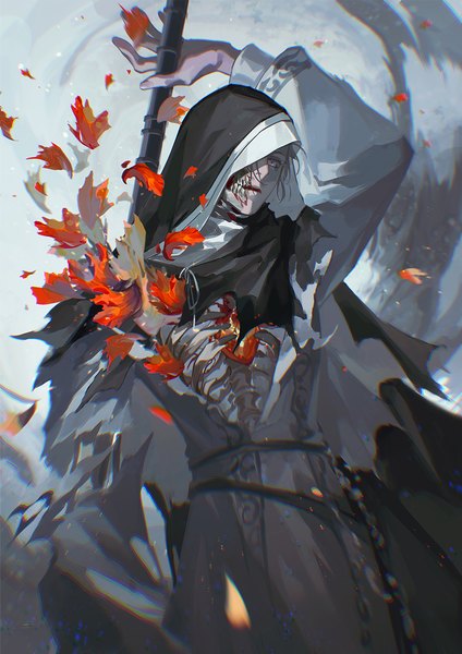 Anime-Bild 900x1275 mit dark souls (series) dark souls from software sister friede agong single tall image short hair open mouth black hair standing purple eyes looking away arm up torn clothes skeleton covering eye (eyes) girl hood