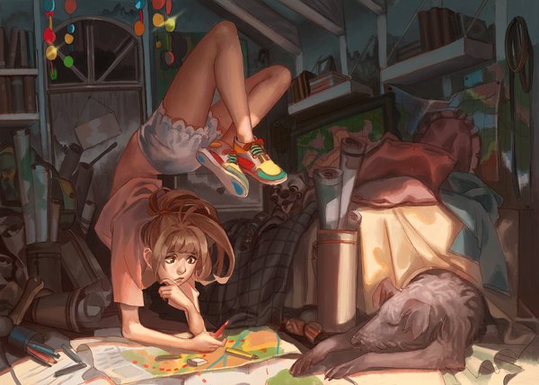 Anime picture 1108x792 with original viki-vaki long hair brown hair brown eyes full body ponytail midriff crossed legs looking down sleeping upside down girl animal shorts book (books) bed t-shirt sneakers shelf