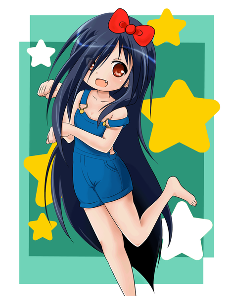 Anime picture 769x1000 with the ring yamamura sadako azumawari (azumofu) single tall image looking at viewer fringe open mouth black hair smile hair between eyes red eyes standing bent knee (knees) very long hair :d barefoot hair over one eye fang (fangs) border