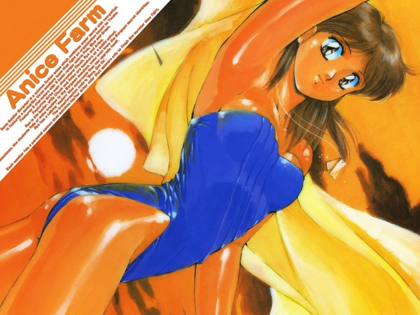 Anime picture 1600x1200 with highres light erotic brown hair brown eyes dutch angle dark skin oldschool ranguage engrish 80s swimsuit one-piece swimsuit towel anice farm sonic soldier borgman