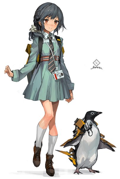 Anime-Bild 599x887 mit lm7 (op-center) long hair tall image fringe black hair simple background smile standing white background brown eyes bent knee (knees) mechanical girl dress animal socks necktie bird (birds) white socks knee socks