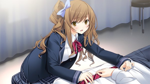 Anime picture 1280x720 with hotch kiss giga haruhino misaki mikoto akemi long hair blush open mouth brown hair wide image brown eyes game cg girl uniform bow hair bow school uniform