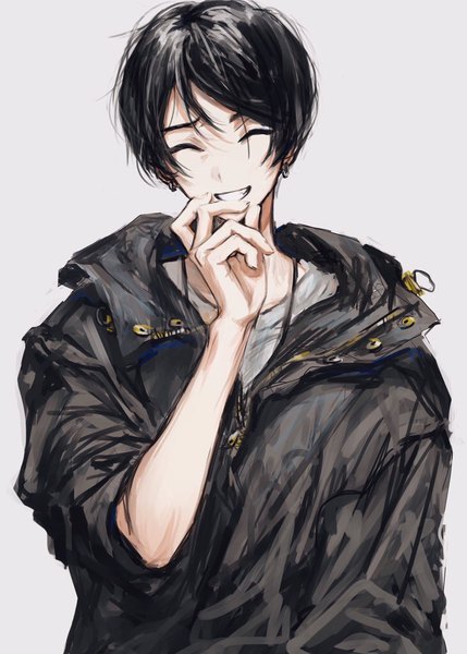 Anime picture 732x1024 with original suechiee single tall image short hair black hair simple background smile upper body eyes closed grey background grin ^ ^ boy jacket