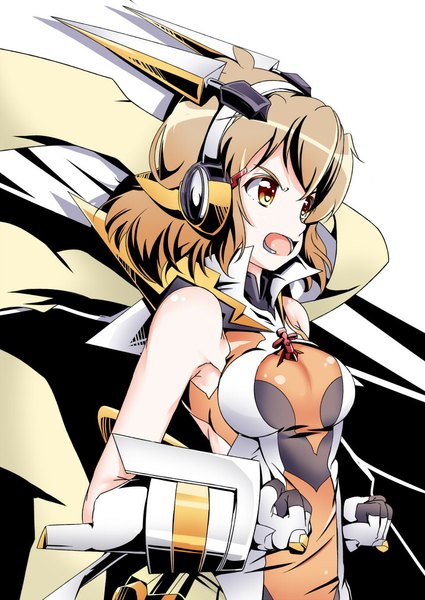 Anime picture 716x1011 with senki zesshou symphogear satelight tachibana hibiki mad (hazukiken) single tall image short hair breasts open mouth simple background brown hair white background bare shoulders brown eyes looking away profile armpit (armpits) girl gloves hair ornament