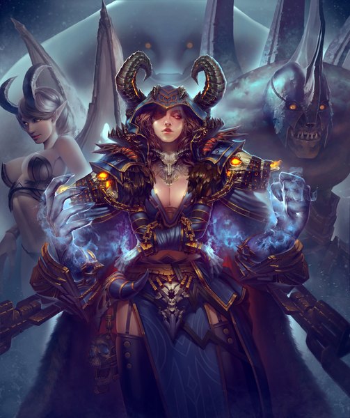 Anime picture 1678x2000 with world of warcraft blizzard entertainment haoyuan long hair tall image breasts light erotic red eyes brown hair bare shoulders multiple girls yellow eyes horn (horns) lips pointy ears grey hair realistic teeth magic glowing