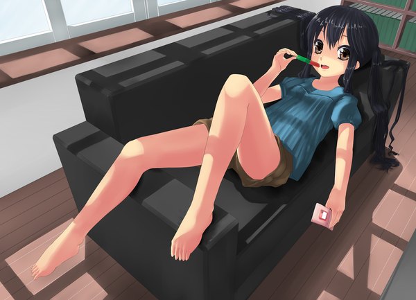 Anime picture 1107x800 with k-on! kyoto animation nakano azusa black hair twintails brown eyes girl food shorts sweets couch ice cream phone popsicle watermelon bar