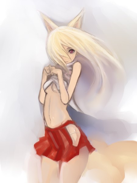 Anime picture 1200x1600 with original johan (johan13) single long hair tall image looking at viewer fringe light erotic blonde hair red eyes standing animal ears tail pleated skirt wind hair over one eye bare belly midriff sleeveless fox ears