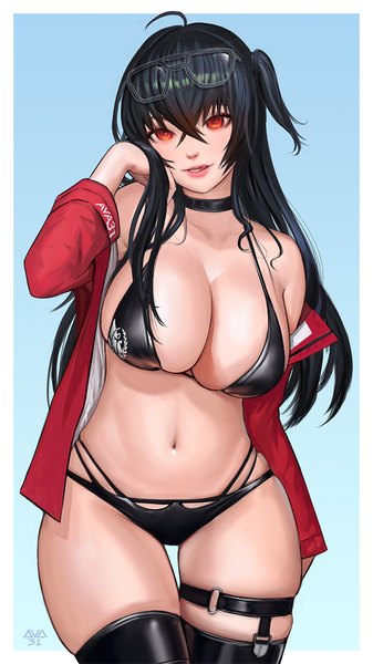 Anime picture 900x1600 with azur lane taihou (azur lane) taihou (enraptured companion) (azur lane) lerio (leriodraws) single long hair tall image looking at viewer fringe breasts light erotic black hair simple background smile hair between eyes red eyes large breasts bare shoulders signed payot