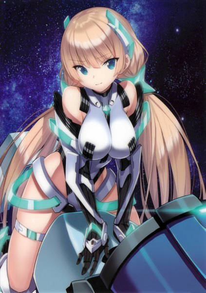 Anime picture 2125x3017 with expelled from paradise angela balzac saitom single long hair tall image looking at viewer fringe highres breasts blue eyes light erotic blonde hair smile large breasts twintails scan low twintails space girl