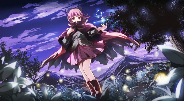 Anime picture 2274x1254 with touhou sekibanki risutaru single fringe highres short hair red eyes wide image standing pink hair sky cloud (clouds) night from below glowing mountain girl skirt hair ornament
