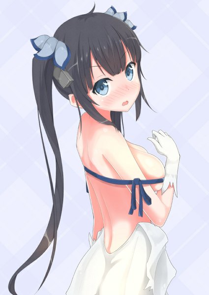 Anime picture 645x911 with dungeon ni deai wo motomeru no wa machigatteiru darou ka j.c. staff hestia (danmachi) karutamo single long hair tall image looking at viewer blush fringe breasts open mouth blue eyes light erotic black hair simple background large breasts standing twintails bare shoulders