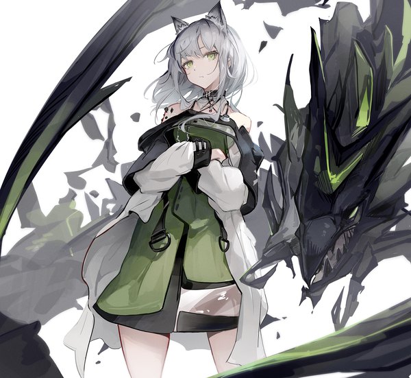Anime picture 2000x1835 with arknights kal'tsit (arknights) mon3tr (arknights) kodamazon single looking at viewer fringe highres short hair standing green eyes animal ears silver hair crossed arms oripathy lesion (arknights) girl