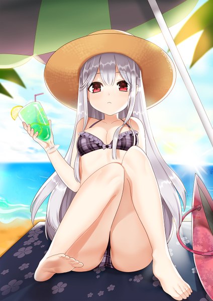 Anime picture 1000x1414 with original nacsi (amo) single long hair tall image looking at viewer breasts light erotic red eyes white hair barefoot beach girl swimsuit hat bikini umbrella drink straw hat beach umbrella